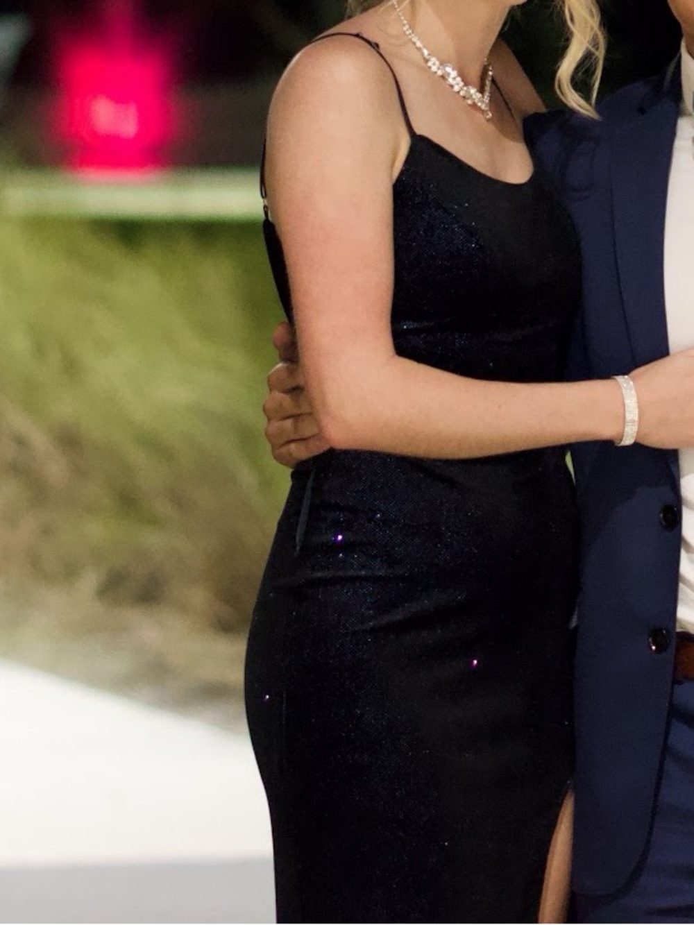 Elegant Blue Sparkle Slip Dress with Side Slit - Picture 6 of 6